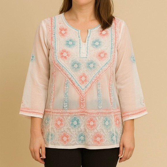 Embroidered Floral Tunic Top Blouse 3/4 Sleeve Embellished Bohemian Chic - Picture 1 of 7